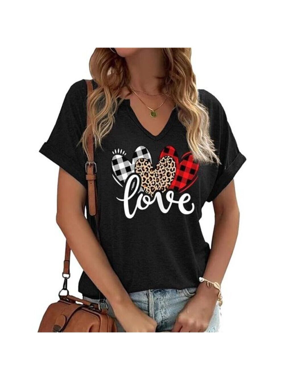 Women's Lover Heart Graphic V Neck Shirt Valentines Funny T-Shirt Short Sleeves